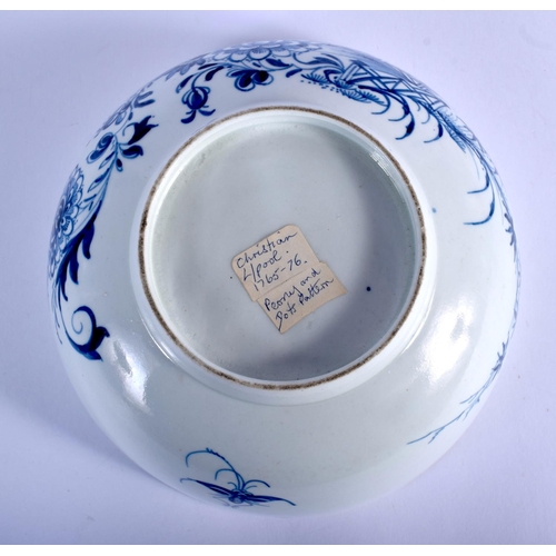 263 - 18th c. Liverpool bowl painted in blue with a fence, bamboo and chrysanthemum.  18.5cm diameter