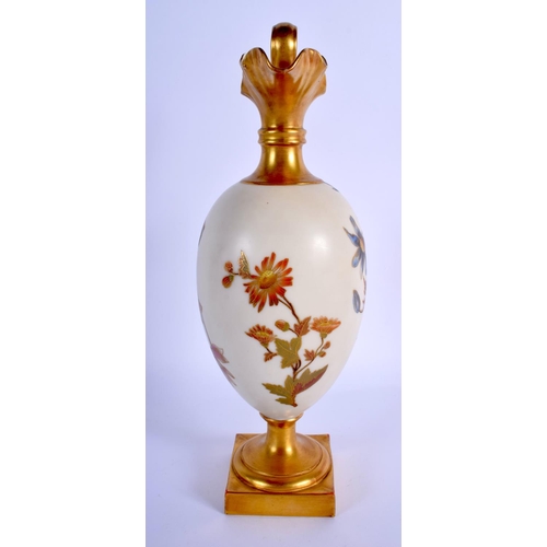 265 - Royal Worcester tall ewer with satyr head painted with flowers on an ivory ground, date mark 1892, s... 