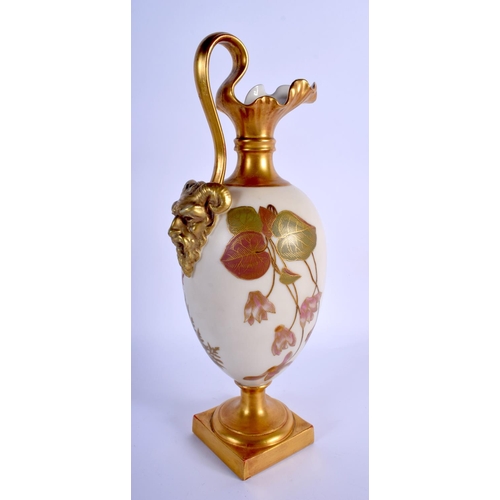 265 - Royal Worcester tall ewer with satyr head painted with flowers on an ivory ground, date mark 1892, s... 