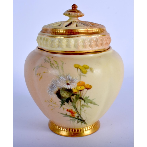 271 - Royal Worcester blush ivory pot pourri vase and inner and outer cover painted with wild flowers and ... 