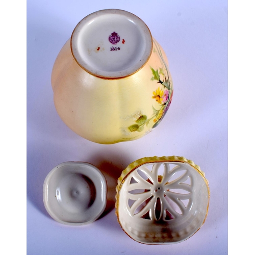 271 - Royal Worcester blush ivory pot pourri vase and inner and outer cover painted with wild flowers and ... 