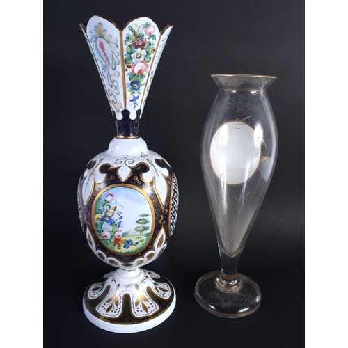 3 - AN ANTIQUE BOHEMIAN ENAMELLED GLASS VASE together with a bohemian portrait vase. 32 cm high. (2)