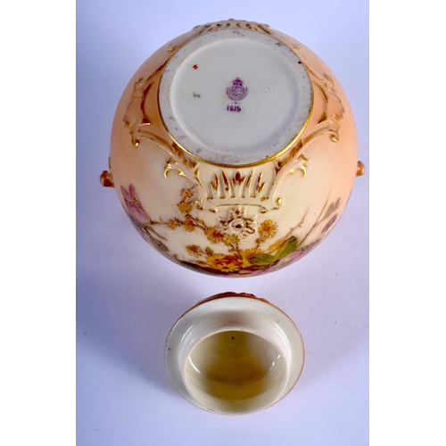 300 - Royal Worcester blush ivory two handled vase and cover painted with dog roses and wildflowers, date ... 