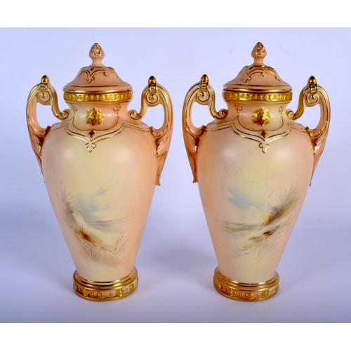 307 - Graingers Worcester pair of two handled blush vases painted with mallard ducks probably by James Sti... 