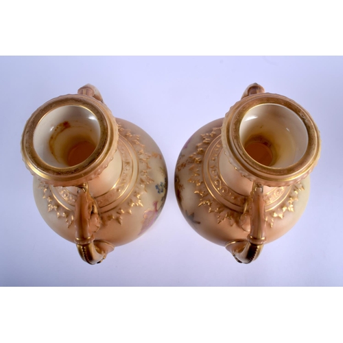 309 - Royal Worcester pair of two handled blush ivory vases and covers painted with roses, date mark 1919,... 