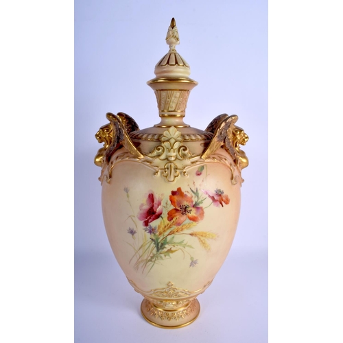 310 - Royal Worcester very large griffin handled blush ivory vase and cover painted with wild flowers in t... 