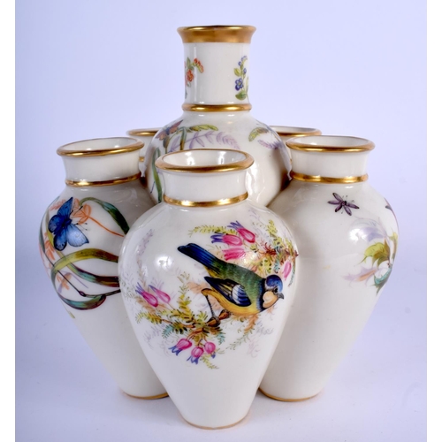 312 - Royal Worcester very rare vase consisting of six vases interconnected painted with birds, butterflie... 