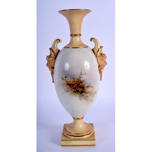 331 - Royal Worcester fine and rare two handled vase painted with a goldfinch by E. Baker, signed, date ma... 