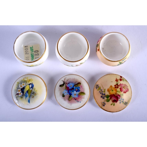 342 - Royal Worcester thee patch boxes: blush ivory with flowers date mark 1901, another with a bird signe... 