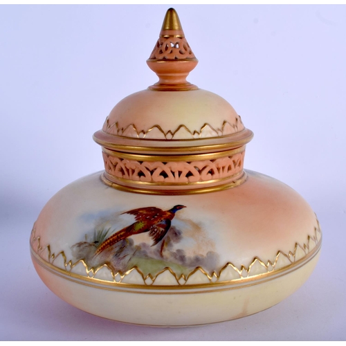 343 - Locke Worcester pot pourri and cover painted with pheasants probably by Walter Stinton c. 1900.  19c... 