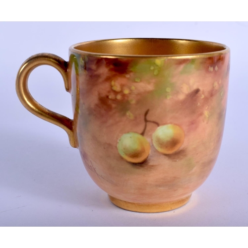 347 - Royal Worcester coffee cup and saucer painted with fruit, the cup signed  A. Shuck, date mark 1940. ... 