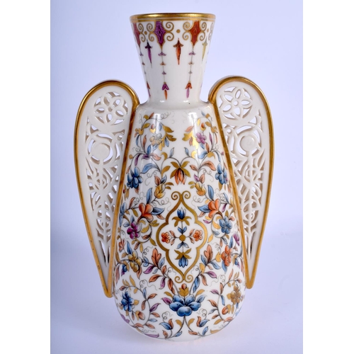 385 - Royal Crown Derby vase of Persian inspiration with reticulated handles painted with trailing flowers... 