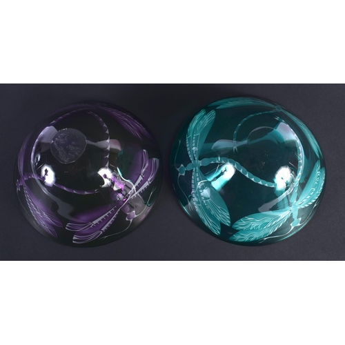 4 - A PAIR OF CONTEMPORARY ART GLASS DRAGONFLY BOWLS. 13 cm diameter.