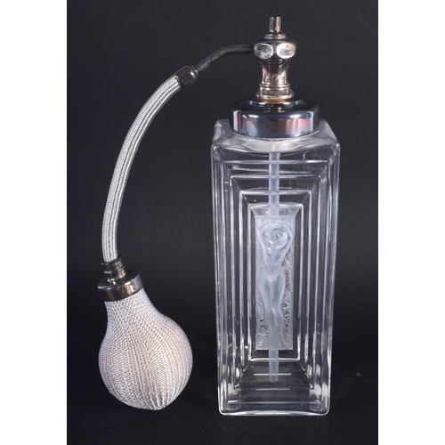 41 - A BOXED LALIQUE GLASS SCENT BOTTLE decorated with a nude female. Bottle 19 cm high.