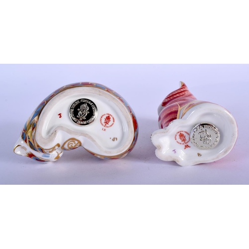 412 - Royal Crown Derby paperweight of a seated kitten and a sleeping kitten.  8.5cm high (2)