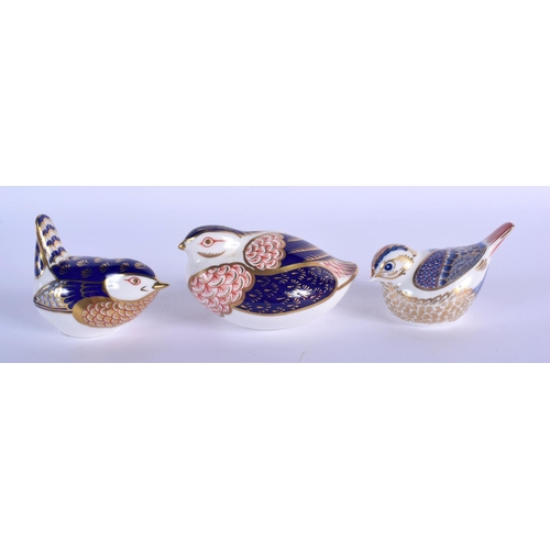 414 - Royal Crown Derby paperweight of a Quail, a Wren and another. 11.5cm long  (3)