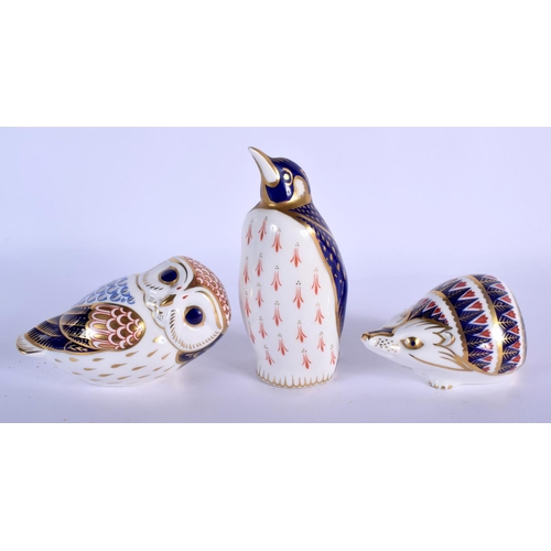 416 - Royal Crown Derby paperweights: no mark, no stopper, Penguin, hedgehog, and owl.  14cm high (3)