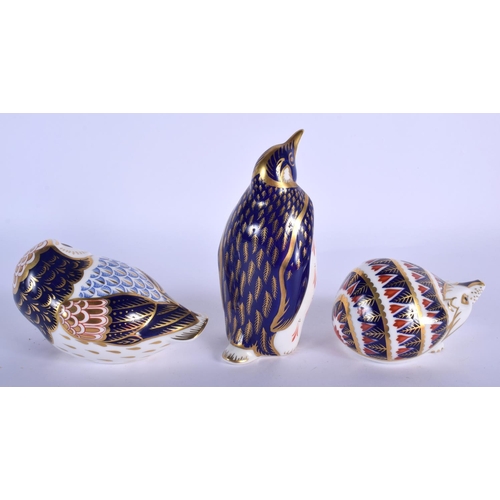 416 - Royal Crown Derby paperweights: no mark, no stopper, Penguin, hedgehog, and owl.  14cm high (3)