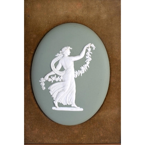 418 - 20th c. Wedgwood sage green oval framed plaque, a sage green box and cover, and a blue jasper box an... 