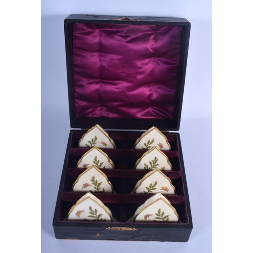 424 - Late  19th c. Graingers Worcester boxed set of eight menu holders painted with ferns and butterflie... 