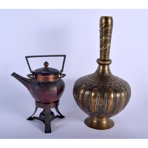 475 - A 19TH CENTURY INDO PERSIAN BRASS BULBOUS VASE together with an arts and crafts copper teapot. Large... 