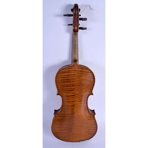 489 - A TWO PIECE BACK VIOLIN with bow. 57 cm long. (2)