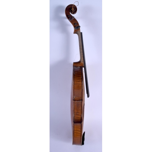 489 - A TWO PIECE BACK VIOLIN with bow. 57 cm long. (2)