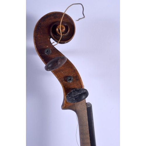 489 - A TWO PIECE BACK VIOLIN with bow. 57 cm long. (2)