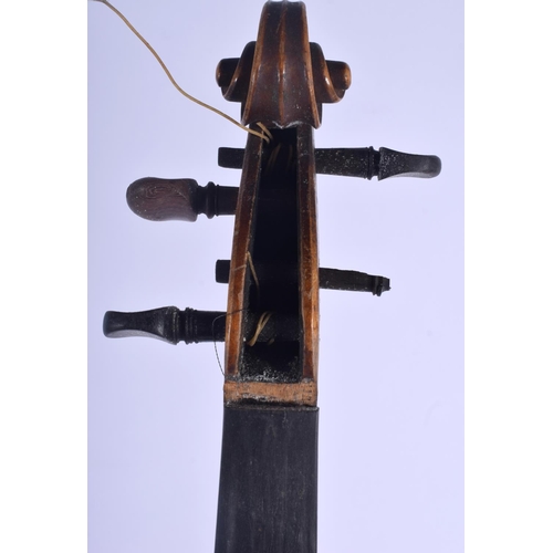 489 - A TWO PIECE BACK VIOLIN with bow. 57 cm long. (2)