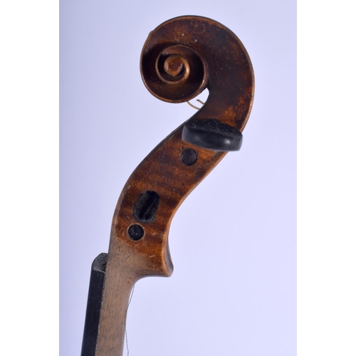 489 - A TWO PIECE BACK VIOLIN with bow. 57 cm long. (2)