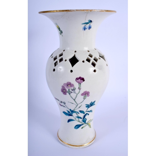 51 - A LARGE 18TH CENTURY WORCESTER FLORAL DECORATED GILES STYLE OPEN WORK VASE painted with floral spray... 