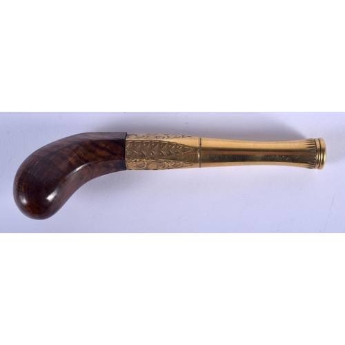 526 - AN UNUSUAL ANTIQUE HARPER CLASSIC WOOD BUTT BRONZE PISTOL. 14 cm long.