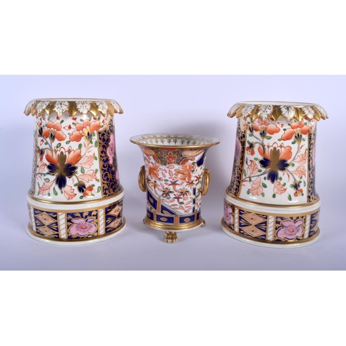 53 - A PAIR OF EARLY 19TH CENTURY DERBY IMARI PORCELAIN VASES together with a Derby twin handled vase. La... 