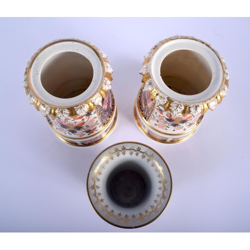 53 - A PAIR OF EARLY 19TH CENTURY DERBY IMARI PORCELAIN VASES together with a Derby twin handled vase. La... 