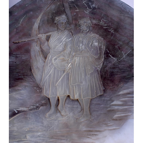 536 - A PAIR OF 19TH CENTURY EUROPEAN CARVED MOTHER OF PEARL SHELLS decorated with a fisher man and fisher... 