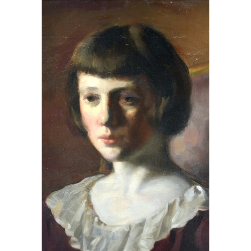 550 - British School (C1920) Oil on canvas, Figure in a Claret blouse. Image 76 cm x 48 cm.