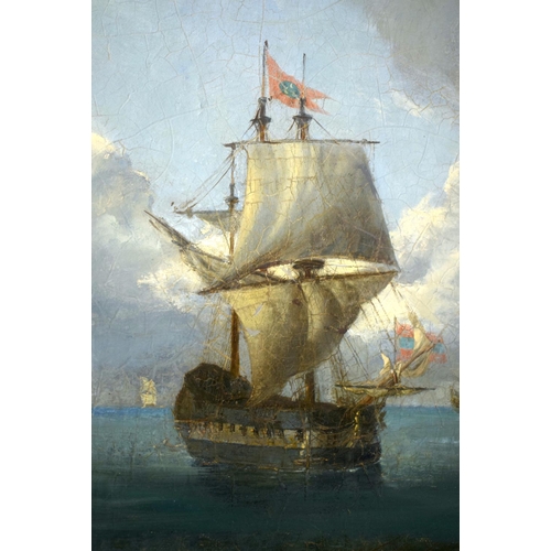 556 - Continental School (18th/19th Century) Oil on canvas, Ottoman Coastal battle scene, Ships bearing th... 