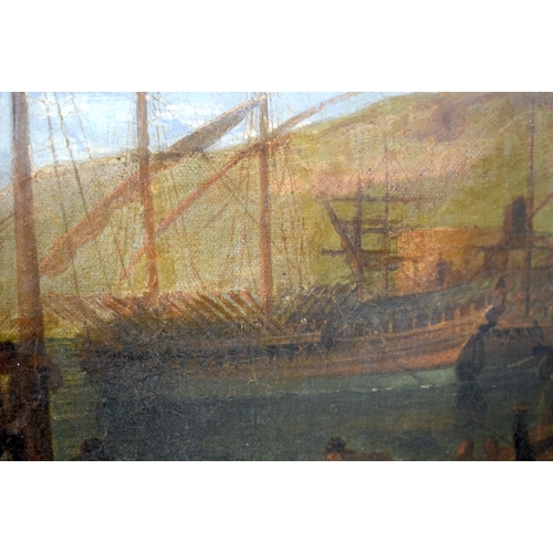 556 - Continental School (18th/19th Century) Oil on canvas, Ottoman Coastal battle scene, Ships bearing th... 