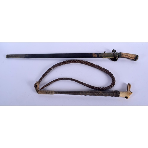 577 - AN ANTIQUE ANTLER HORN HANDLED CONTINENTAL SWORD together with an antler handled whip. Largest 67 cm... 