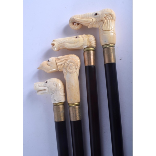 587 - FOUR CONTINENTAL CARVED BONE WALKING CANES with ebonised shafts. Largest 95 cm long. (4)