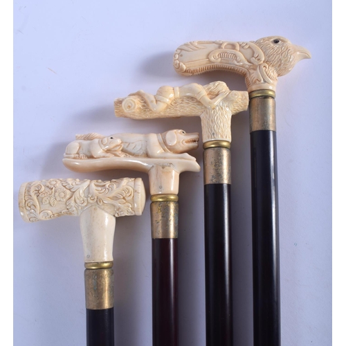 588 - FOUR CONTINENTAL CARVED BONE WALKING CANES with ebonised shafts. Largest 95 cm long. (4)