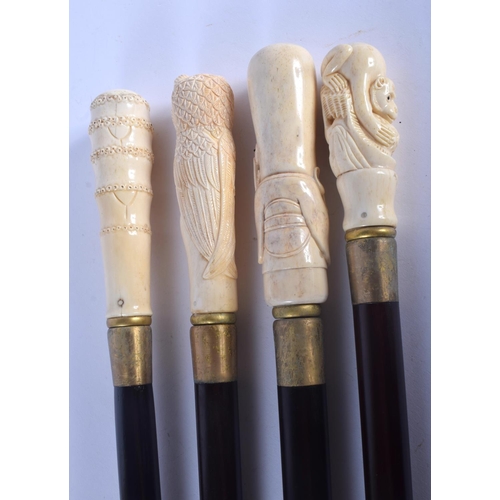 589 - FOUR CONTINENTAL CARVED BONE WALKING CANES with ebonised shafts. Largest 95 cm long. (4)