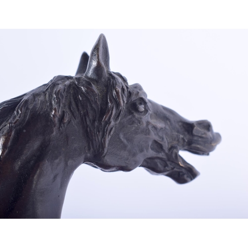 619 - A CONTEMPORARY BRONZE FIGURE OF A HORSE upon a red marble plinth. 22 cm x 18 cm.