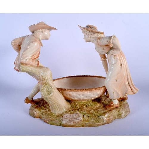 62 - A LARGE 19TH CENTURY HADLEYS ROYAL WORCESTER BLUSH IVORY FIGURAL GROUP modelled as a boy and girl ho... 