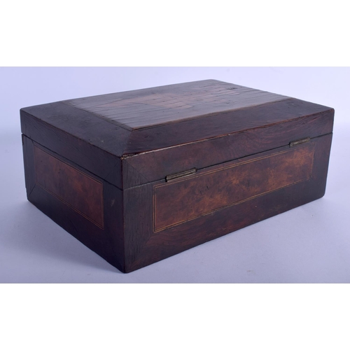 622 - AN ANTIQUE ROSEWOOD MARITIME INSPIRED DESK SEWING UTILITY BOX inlaid with a boat. 32 cm x 22 cm.