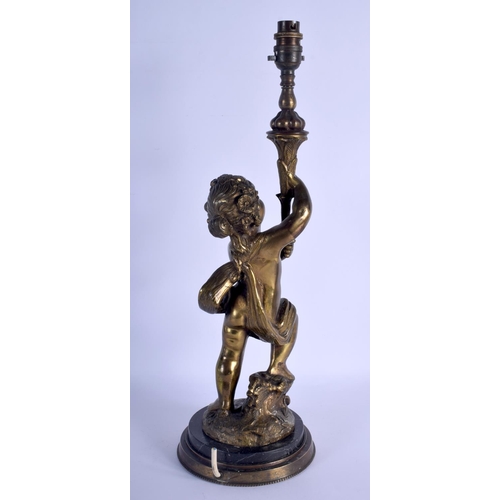 625 - A LARGE 19TH CENTURY FRENCH BRONZE FIGURE OF A CHERUB modelled holding aloft a sconce. 48 cm high ov... 