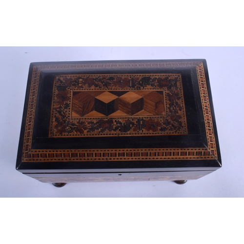 633 - A VICTORIAN TUNBRIDGE WARE TEA CADDY decorated with geometric motifs and flowers. 15 cm x 19 cm.