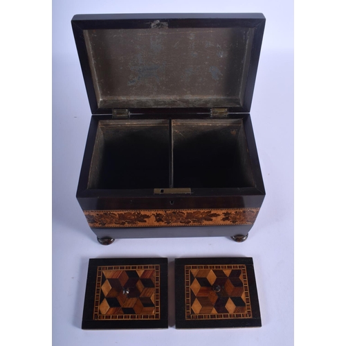 633 - A VICTORIAN TUNBRIDGE WARE TEA CADDY decorated with geometric motifs and flowers. 15 cm x 19 cm.