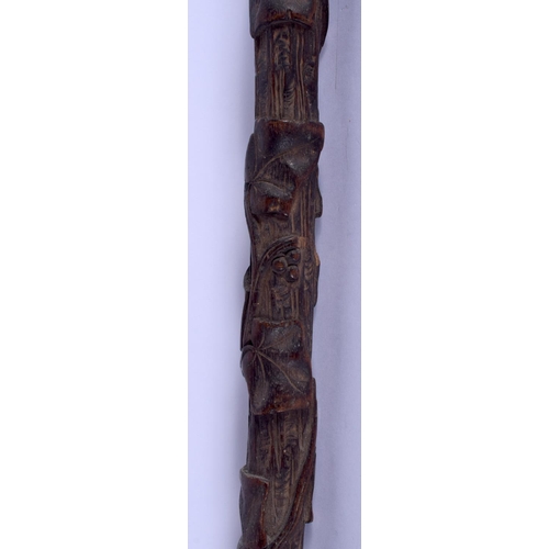 638 - A 19TH CENTURY BAVARIAN BLACK FOREST CARVED WOOD WALKING CANE with rare inscription to the top. 78 c... 