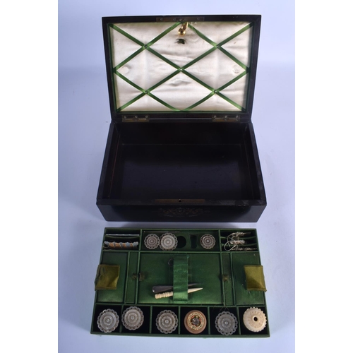 651 - A VICTORIAN MOTHER OF PEARL AND BRASS INLAID SEWING BOX with fully fitted interior. 26 cm x 17 cm.